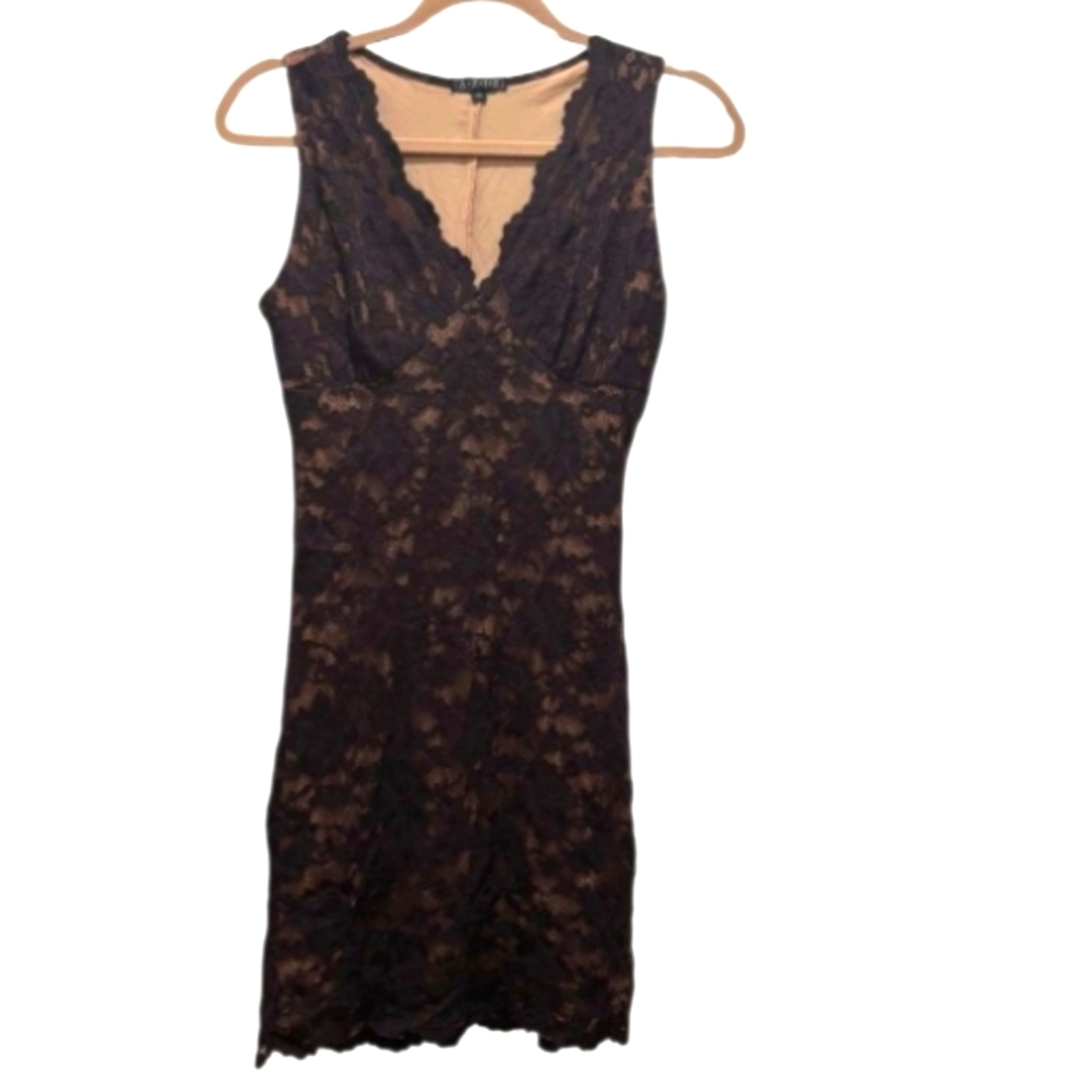 Vintage Y2K Dress S Lace Bodycon Floral Bias Cut Vneck Sleeveless Knee Length